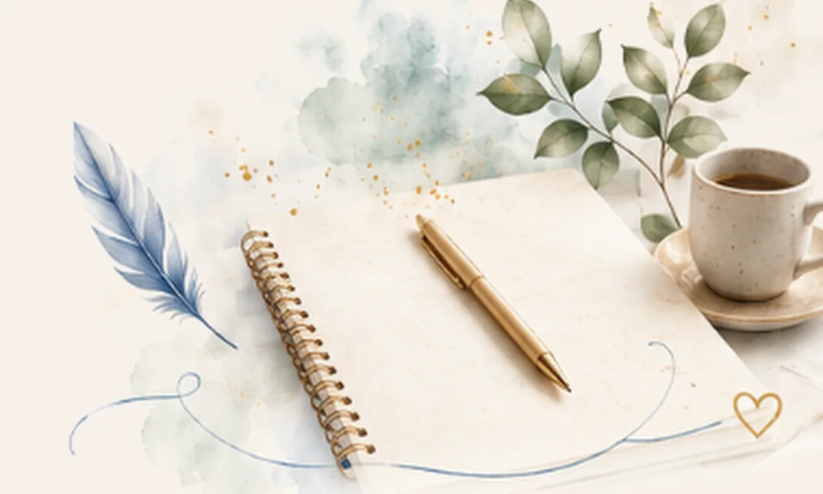 Otwarty notes i pióro w spokojnej, akwarelowej aranżacji